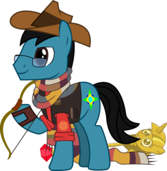 Size: 3000x3068 | Tagged: safe, artist:sketchmcreations, oc, oc only, oc:sketch mythos, bow (weapon), clothes, costume, cowboy hat, fourth doctor's scarf, glasses, hat, high res, scarf, simple background, sniper, sniper (tf2), solo, stetson, striped scarf, team fortress 2, transparent background, twilight scepter