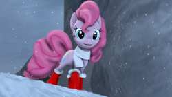 Size: 1920x1080 | Tagged: safe, artist:skrittzs, pinkie pie, g4, 3d, boots, clothes, female, scarf, snow, snowfall, solo