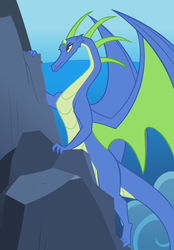 Size: 600x862 | Tagged: safe, artist:queencold, oc, oc only, oc:frazzle, dragon, climbing, cloud, dragon oc, dragoness, mountain, ocean, older, solo