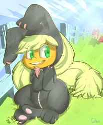 Size: 800x977 | Tagged: safe, artist:failprofile, apple bloom, applejack, g4, animal costume, bunny costume, bunnyjack, clothes, solo focus