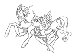 Size: 1041x768 | Tagged: safe, artist:opalacorn, princess cadance, shining armor, alicorn, pony, unicorn, g4, black and white, couple, cute, duo, female, galloping, grayscale, happy, male, ship:shiningcadance, shipping, sketch, straight, wip