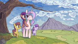 Size: 2112x1188 | Tagged: safe, artist:inkygarden, apple bloom, princess celestia, scootaloo, sweetie belle, alicorn, earth pony, pegasus, pony, unicorn, g4, ^^, blank flank, cloud, cutie mark crusaders, eyes closed, female, filly, foal, folded wings, mare, missing accessory, momlestia, mountain, mountain range, ponies riding ponies, raised hoof, riding, scootalove, smiling, tree, walking, wings