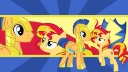 Size: 1920x1080 | Tagged: safe, artist:neodarkwing, flash sentry, sunset shimmer, pegasus, pony, unicorn, g4, armor, blank stare, cutie mark, female, male, raised hoof, ship:flashimmer, shipping, straight, vector, wallpaper