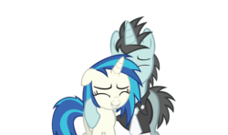 Size: 1160x689 | Tagged: safe, artist:sapphireartemis, dj pon-3, neon lights, rising star, vinyl scratch, g4, eyes closed, female, happy, hug, male, ship:vinylights, shipping, smiling, straight