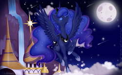Size: 5000x3100 | Tagged: safe, artist:pvrii, princess luna, g4, canterlot, cloud, eyes closed, female, flying, moon, night, solo, waterfall