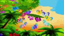 Size: 560x315 | Tagged: safe, screencap, coconut grove, island delight, pinkie pie (g3), skywishes, thistle whistle, earth pony, pegasus, pony, friends are never far away, g3, animated, female, reversed