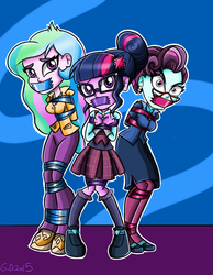 Size: 959x1234 | Tagged: safe, artist:gaggeddude32, princess celestia, principal abacus cinch, principal celestia, sci-twi, twilight sparkle, equestria girls, g4, my little pony equestria girls: friendship games, bondage, breast bondage, breasts, clothes, crystal prep academy, crystal prep academy uniform, crystal prep shadowbolts, duct tape, female, gag, glasses, help us, kidnapped, school uniform, tape gag, tied up, trio, trio female