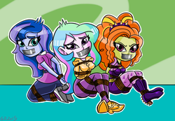 Size: 1157x799 | Tagged: safe, artist:gaggeddude32, adagio dazzle, princess celestia, princess luna, principal celestia, vice principal luna, equestria girls, g4, arm behind back, bondage, boots, boots bondage, breast bondage, breasts, duct tape, female, gag, help us, jackpot, kidnapped, knee tied, rope, shoes, tape gag, tied up, trio, trio female