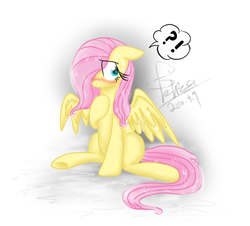 Size: 594x537 | Tagged: safe, artist:catwalkooo, fluttershy, pegasus, pony, g4, blushing, confused, female, floppy ears, hair over one eye, hoof on chest, mare, raised hoof, sitting, solo, spread wings, thought bubble, wet, wet mane, wings