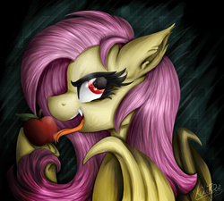 Size: 2000x1800 | Tagged: safe, artist:monnarcha, fluttershy, bat pony, pony, vampire, g4, apple, female, flutterbat, food, fruit, licking, open mouth, signature, solo, tongue out
