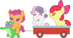 Size: 2285x1202 | Tagged: safe, artist:red4567, apple bloom, gummy, scootaloo, sweetie belle, pony, g4, adorabloom, baby, baby apple bloom, baby belle, baby pony, baby scootaloo, cute, cutealoo, cutie mark crusaders, daaaaaaaaaaaw, diasweetes, foal, happy, pacifier, ponies riding gators, red4567 is trying to murder us, riding, scootaloo riding gummy, wagon, weapons-grade cute