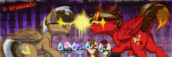 Size: 1024x341 | Tagged: safe, artist:h-stallionwolf, oc, oc only, oc:ambiguity, oc:jannie daze, oc:marker pace, oc:ponder cloud, oc:windy dripper, oc:yoshi ringo, earth pony, pegasus, pony, unicorn, anime, butt, commission, cute, dock, plot