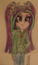 Size: 810x1389 | Tagged: safe, artist:blazingdazzlingdusk, aria blaze, equestria girls, g4, my little pony equestria girls: rainbow rocks, clothes, drawing, female, hoodie, smiling, solo, the dazzlings, traditional art, when she smiles