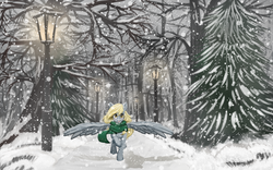 Size: 2400x1500 | Tagged: safe, artist:kira-minami, derpy hooves, pegasus, pony, g4, clothes, cute, derpabetes, female, happy, lamppost, looking at you, park, raised hoof, scarf, smiling, snow, snowfall, solo, spread wings, tongue out, tree, winter