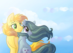 Size: 1024x751 | Tagged: safe, artist:dreamscapevalley, braeburn, marble pie, earth pony, pony, g4, a happy ending for marble pie, braeble, crack shipping, cute, ear fluff, female, flowing mane, looking back, male, mare, shipping, sitting, smiling, stallion, straight, windswept mane