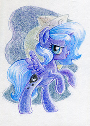 Size: 500x694 | Tagged: safe, artist:maytee, princess luna, g4, cartographer's cap, female, filly, hat, rearing, solo, traditional art, woona