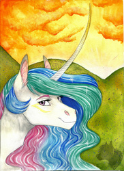 Size: 1400x1926 | Tagged: safe, artist:biakela, princess celestia, g4, cloud, curved horn, ear fluff, female, horn, portrait, smiling, solo, sunrise, traditional art