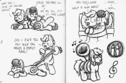 Size: 2902x1911 | Tagged: safe, artist:bobthedalek, oc, oc only, oc:mixed melody, oc:octavia's father, oc:octavia's mother, oc:ostinato melody, earth pony, pony, bed, book, clothes, coffee, cutie mark, monochrome, musical instrument, pajamas, sunglasses, sweater, tuba, unamused