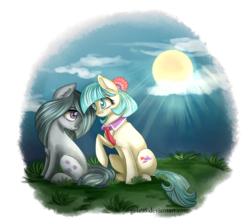 Size: 1243x1114 | Tagged: safe, artist:gela98, coco pommel, marble pie, g4, cloud, crepuscular rays, friendshipping, grass, sitting, sun