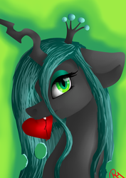 Size: 2480x3496 | Tagged: safe, artist:moon-wing, queen chrysalis, changeling, changeling queen, g4, blood, crown, female, heart, high res, jewelry, looking at you, mouth hold, portrait, regalia, solo