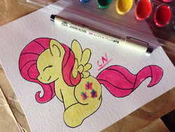 Size: 1280x960 | Tagged: safe, artist:homemadegalaxies, fluttershy, g4, eyes closed, irl, pen, photo, smiling, solo, traditional art, watercolor painting