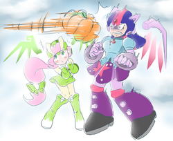 Size: 2166x1766 | Tagged: safe, artist:thegreatrouge, fluttershy, twilight sparkle, duck, gynoid, robot, equestria girls, g4, the hooffields and mccolts, armor, capcom, clothes, crossover, dress, duo, equestria girls interpretation, female, incoming, mega man (series), megaman battle network, megaman x, miniskirt, pleated skirt, pumpkin, reploid, scene interpretation, skirt, that was fast, twilight sparkle (alicorn)