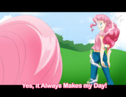 Size: 2786x2153 | Tagged: safe, artist:shinta-girl, fluttershy, pinkie pie, human, smile hd, g4, ass, butt, dragon ball, female, humanized, majin pie, midriff, scene interpretation, solo, super saiyan