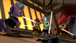 Size: 1920x1080 | Tagged: safe, artist:d0ntst0pme, apple bloom, diamond tiara, scootaloo, sweetie belle, earth pony, pegasus, pony, unicorn, g4, 3d, clothes, cutie mark crusaders, gmod, lightsaber, not sfm, science fiction, star wars