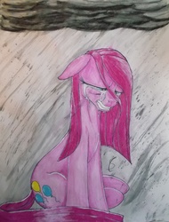 Size: 3216x4239 | Tagged: safe, artist:scribblepwn3, pinkie pie, earth pony, pony, g4, crying, female, ink, pinkamena diane pie, sad, sitting, solo, traditional art, watercolor painting