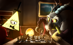 Size: 3709x2305 | Tagged: safe, artist:otakuap, discord, twilight sparkle, alicorn, draconequus, pony, g4, bill cipher, chess, chessboard incorrectly oriented, crossover, female, fireplace, gravity falls, high res, male, mare, micro, painting, twilight sparkle (alicorn)
