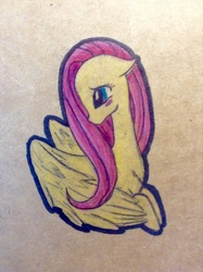 Size: 1936x2592 | Tagged: safe, artist:dont4gettherainbow, fluttershy, g4, female, looking away, prone, simple background, solo, traditional art