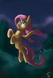 Size: 2500x3700 | Tagged: safe, artist:mrscurlystyles, artist:tsitra360, fluttershy, pegasus, pony, g4, collaboration, female, flying, high res, looking up, mare, night, outdoors, smiling, solo, spread wings, stray strand, three quarter view, wings