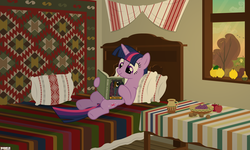 Size: 4200x2520 | Tagged: safe, artist:a4r91n, twilight sparkle, alicorn, pony, g4, apple, autumn, baltagul, book, female, food, fruit, grapes, interior, mare, quince, reading, romania, solo, story included, twilight sparkle (alicorn), walnut