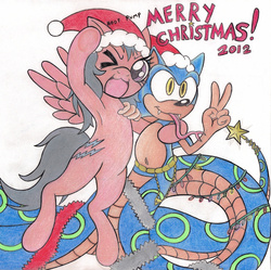 Size: 1024x1020 | Tagged: safe, artist:spectrum-sparkle, firefly, lamia, original species, g1, g4, armpits, christmas, christmas lights, crossover, g1 to g4, generation leap, hat, male, merry christmas, santa hat, sonic the hedgehog, sonic the hedgehog (series)