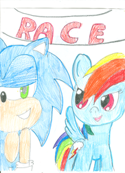 Size: 1700x2340 | Tagged: safe, artist:superdupertails, rainbow dash, pony, g4, crossover, male, sonic the hedgehog, sonic the hedgehog (series), traditional art