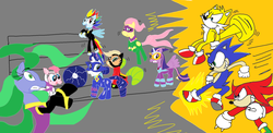 Size: 15304x7488 | Tagged: safe, artist:comedyestudios, applejack, fili-second, fluttershy, mane-iac, mistress marevelous, pinkie pie, radiance, rainbow dash, rarity, saddle rager, twilight sparkle, zapp, alicorn, pony, g4, absurd resolution, crossover, female, knuckles the echidna, male, mane six, mare, masked matter-horn costume, miles "tails" prower, power ponies, sonic the hedgehog, sonic the hedgehog (series), twilight sparkle (alicorn)