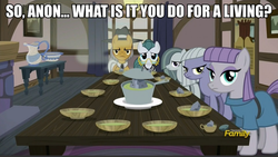 Size: 1057x596 | Tagged: safe, edit, edited screencap, screencap, cloudy quartz, igneous rock pie, limestone pie, marble pie, maud pie, oc, oc:anon, g4, caption, discovery family logo, image macro, looking at you, meme, pie family, pie family home, pie sisters, ship:quartzrock, siblings, sisters