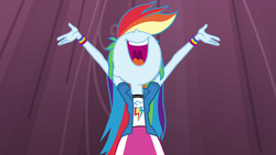 Size: 1280x720 | Tagged: safe, screencap, rainbow dash, equestria girls, g4, my little pony equestria girls: friendship games, arms in the air, chs rally song, clothes, collar, female, nose in the air, open mouth, shirt, singing, skirt, solo, t-shirt, teenager, uvula, volumetric mouth, wristband