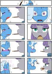 Size: 698x1000 | Tagged: safe, artist:suzumaru, maud pie, trixie, pony, unicorn, g4, 8koma, comic, female, food, lesbian, mare, pocky, ship:mauxie, shipping