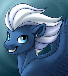 Size: 1159x1280 | Tagged: safe, artist:spiggy-the-cat, night glider, pegasus, pony, g4, abstract background, earring, female, grin, looking at you, piercing, portrait, solo