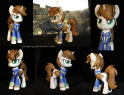 Size: 1800x1377 | Tagged: safe, artist:aplexpony, oc, oc only, oc:littlepip, pony, unicorn, fallout equestria, clothes, fanfic, female, glowing horn, gun, handgun, horn, jumpsuit, little macintosh, magic, mare, pipbuck, revolver, sculpture, solo, telekinesis, vault suit, weapon