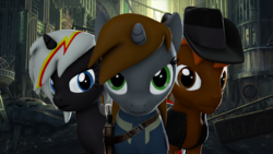 Size: 2560x1440 | Tagged: safe, artist:zigidi94, oc, oc only, oc:calamity, oc:littlepip, oc:velvet remedy, pegasus, pony, unicorn, fallout equestria, 3d, clothes, fanfic, fanfic art, female, gun, handgun, hat, jumpsuit, little macintosh, male, mare, revolver, ruins, source filmmaker, stallion, vault suit, wasteland, weapon