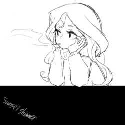 Size: 1653x1653 | Tagged: safe, artist:y0wai, sunset shimmer, equestria girls, g4, cigarette, female, grayscale, monochrome, smoking, solo