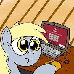 Size: 1000x1000 | Tagged: safe, artist:mysterywhiteflame, derpy hooves, pony, g4, :t, computer, female, game, i just don't know what went wrong, laptop computer, looking at you, looking back, plague inc, plague inc evolved, plague inc:evolved, solo