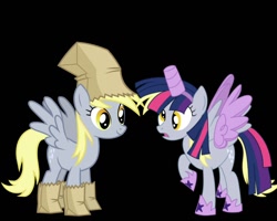 Size: 1280x1024 | Tagged: safe, derpy hooves, pegasus, pony, g4, luna eclipsed, scare master, alicorn costume, clothes, comparison, costume, cute, fake horn, fake wings, female, mare, nightmare night, nightmare night costume, paper bag, paper bag wizard, simple background, toilet paper roll, toilet paper roll horn, twilight muffins, wig