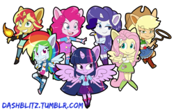 Size: 4920x3104 | Tagged: safe, artist:manic-the-lad, applejack, fluttershy, pinkie pie, rainbow dash, rarity, sunset shimmer, twilight sparkle, human, equestria girls, g4, chibi, horn, humane five, humane seven, humane six, outline, ponied up, simple background, transparent background, twilight sparkle (alicorn)