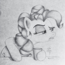 Size: 1024x1024 | Tagged: safe, artist:theasce, pinkie pie, g4, what about discord?, drinking, drunk, female, monochrome, pinkie plastered, solo, traditional art