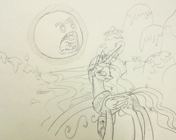 Size: 599x478 | Tagged: safe, artist:sketchyjackie, princess celestia, alicorn, pony, g4, butt, crossover, female, mare, monochrome, parody, pencil drawing, plot, raising the sun, rick and morty, screaming sun, sketch, sun, the wedding squanchers, traditional art, wince