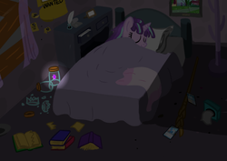 Size: 762x538 | Tagged: safe, artist:paking pie, starlight glimmer, trixie, pony, unicorn, g4, bed, blanket, book, broken glass, cute, cutie mark, eyes closed, female, implied trixie, jar, lying down, mare, messy, on side, pillow, s5 starlight, sleeping, smiling, solo, staff, staff of sameness, trading card, wanted poster, when you see it
