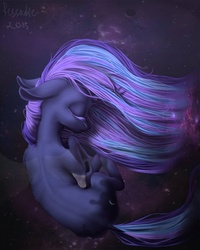 Size: 1024x1280 | Tagged: safe, artist:pessadie, princess luna, g4, both cutie marks, dock, eyes closed, female, floppy ears, solo, space, spread wings